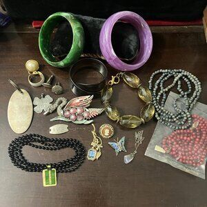 Vintage Jewelry Lot Lucite, Bangles, Citrine 925 Bracelet NOS Twisty Beads Cameo